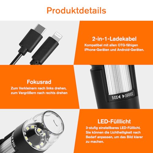 WADEO Digital Mikroskop, USB Mikroskop 1440P HD mit 50X-1600X Vergrößerung, Tragbare Inspektionskamera WiFi-frei, Kabeliges Handmikroskop mit 8 LED und Ständer, iOS, Android und Tablets kompatibel