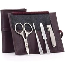 GERMANIKURE 4pc Manicure Set in Dark Purple Leather Case - Made in Solingen Germany, FINOX Stainless Steel Tools Professional Quality Compact Nail Grooming Kit