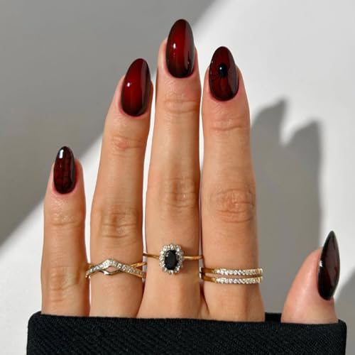 24 Pcs Halloween Press on Nails Medium Almond Black Red Halloween Fake Nails with Spider Designs Full Cover False Nails Artificial Acrylic Nails for Women