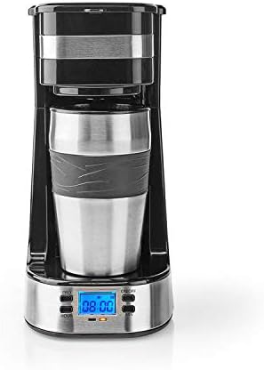 Ex-Pro Single Serve Coffee 1 Cup Maker Digital Machine and Double Wall Insulated Travel Mug, with Timer, Stainless Steel, 420ml - Silver/Black