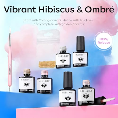 Image of Modelones Gel Nail Polish Set -6 Colors 2026 Summer Hot Pink Blue Milky White Clear Blooming Gel Polish Burgundy Nude French Jelly Nail Gel Polish DIY Gift with Golden Beads & Nail Dotting-Liner Brush