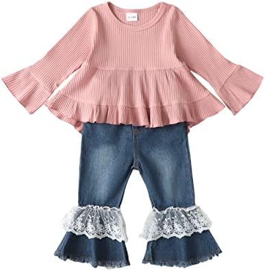 Toddler Girl Clothes 2T Girls Clothes 3T Girl Clothing Winter Fall Bell Bottom Denim Jeans Flared lace Pants Ruffle Long Sleeve T-Shirt Sets Outfits 2T-3T Light Brown