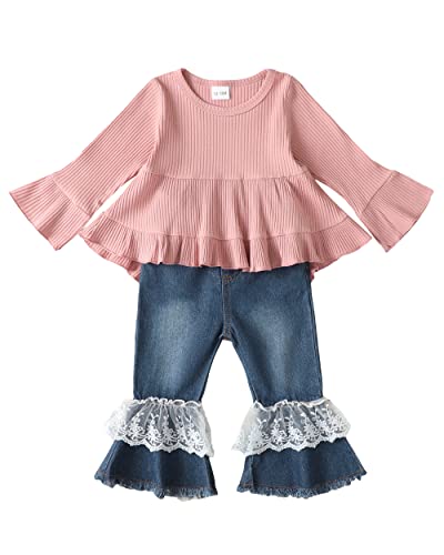 Toddler Girl Clothes 2T Girls Clothes 3T Girl Clothing Winter Fall Bell Bottom Denim Jeans Flared Lace Pants Ruffle Long Sleeve T-Shirt Sets Outfits 2T-3T Light Brown #TOP29