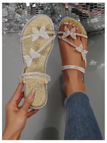 Image of OYOANGLE Women's Silver Rhinestone Sandals Sparkly Dressy Flat Sandals