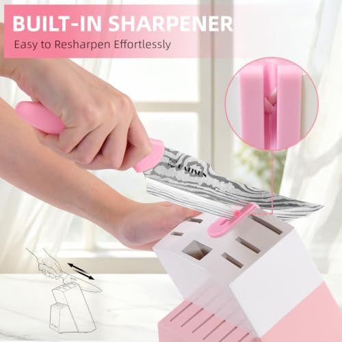 Knife Set - 15 PCS Kitchen Knife Set with Built-in Sharpener Block, German Precision Forged Stainless Steel Blades, Ergonomic Handles, Dishwasher Safe, Pink - image 5