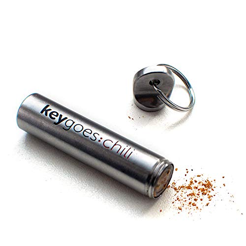 Foto von Chilimühle als Schlüsselanhänger mit Habanero und Bhut Jolokia - KEYGOES CHILI - Gadget für Männer - Sehr scharf Chili (HIGH Heat)