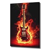 ZSHARTSWD Guitar Canvas Wall Art Fire Burning Electric Guitar Picture Abstract Musical Instrument Poster Print Jazz Music Painting for Bedroom Bar Decor Framed (Red, 24L x 16W)