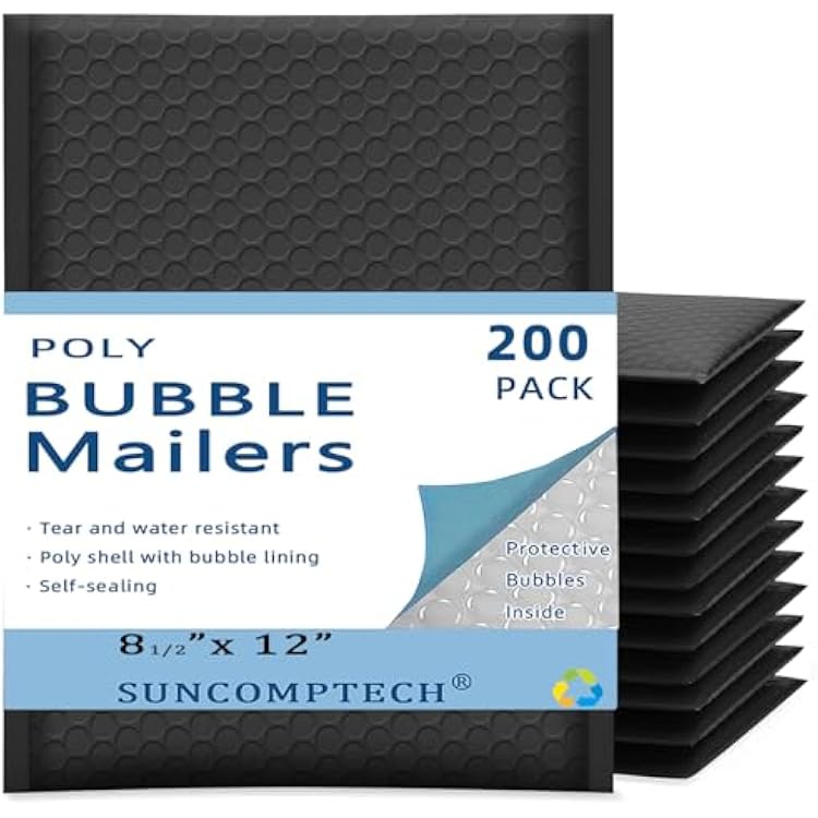 8.5x12 Inches Poly Bubble Mailers, Self Seal and Water Resistant Padded Shipping Bags, Black Envelopes (Usable 8.5x11 Inches, Black, 200 Pieces)
