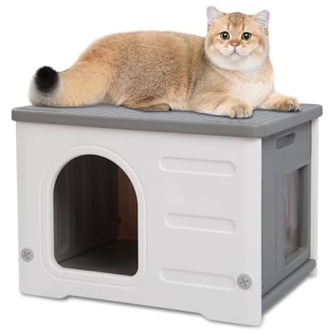 Rockever Plastic Cat House Outdoor with Escape Door, Waterproof Feral Cat House Outdoor Indoor, Sturdy Cat House for Outdoor Cats, Assemble Easily-Grey Cover