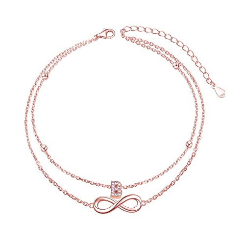 Tornozeleira em ouro rosa com letras, impermeável, tornozeleira para mulher, 26 letras, pulseira dupla, tornozeleira ajustável (22 a 27 cm) – presentes para namorada, amor e amante, Ouro rosa