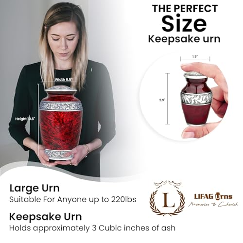 Image of Red Urn Sets of 6 Funeral & Cremation Urns for Human Ashes Adult Man or Woman | 1 Large Red Urns for Human Ashes Adult Female with an Ash Necklace & 4 Small Urns for Family Sharing