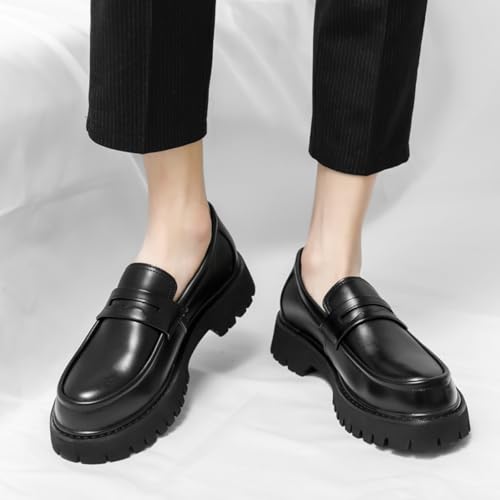 Mens Leather Slip-On Platform Dress Penny Loafers Non-Slip Low Top Round Toe Chunky Shoes for Business Casual Dress Prom Party2