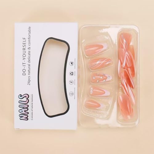 Image of White French Tip Press on Nails Silver Wave Glue on Nails with Rhinestone Design Nude Acrylic Fake Nails Glossy Artificial Nail Medium Almond Shape False Nails for Women Girls Manicure 24Pcs