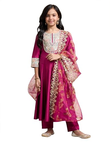 Image of Amazon Brand - Symbol Girl's Rayon Ethnic Wear Embroidered Kurta Set with Net Dupatta
