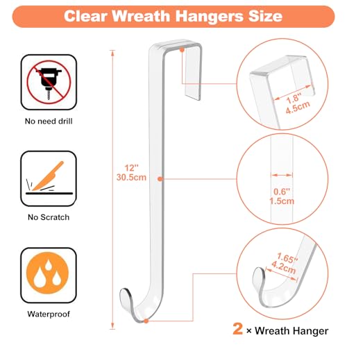 12" Clear Wreath-Hanger Non Scratch Over The Door Hooks,2 Pack Easter Halloween Christmas Decoration Welcome Sign for Front Doors Décor Inside Outside,Slim Hangers Organizer for Home