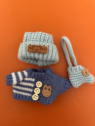 Hand-Knitted Lalabubu Clothes for 17cm La Boo-Boo Dolls,Christmas Lububu Outfits Set for Doll,3PCS Warm Hat, Vest & Bag Kawaii Clothes for Lafufu (Knitted Sweater-Blue)