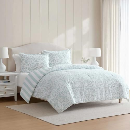 Image of Martha Stewart - Queen Comforter Set, 100% Naturally Soft & Breathable Cotton Bedding, Lightweight for Year Round Comfort, 3 Piece Bed Set with Matching Pillowcases (Copper Vines Blue)