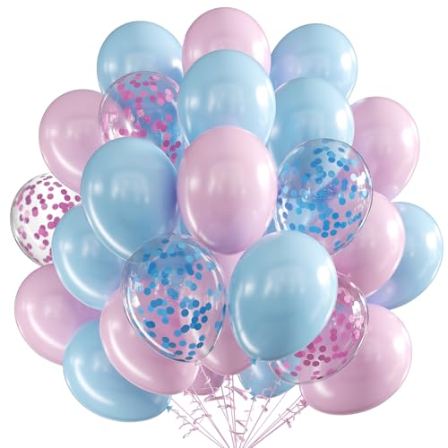 Lot de 60 ballons 30 cm latex confettis métallisés et bleus 30,5 cm ruban décoration fête fille, anniversaire, baby shower
