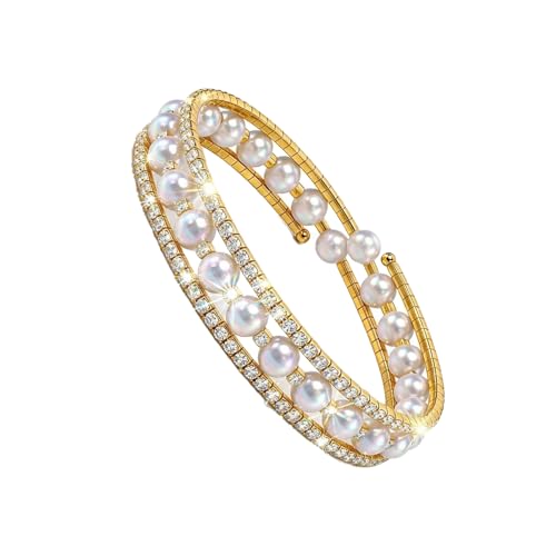 JUNHAOLIU 14K Gold Plated Pearl Bracelet for Women Multilayer Rhinestone