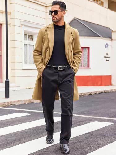 Image of Runcati Mens Trench Coat Notch Lapel Slim Fit Double Breasted Casual Long Business Pea Coat Overcoat