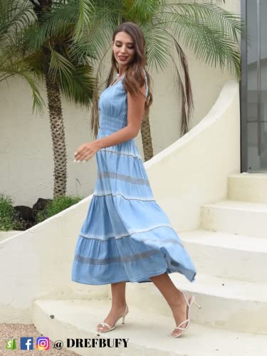 DREFBUFY Women's Maxi Dress Sleeveless Denim Long Summer A-line Casual Blue Cotton Boho Flowy Sundresses for Women3