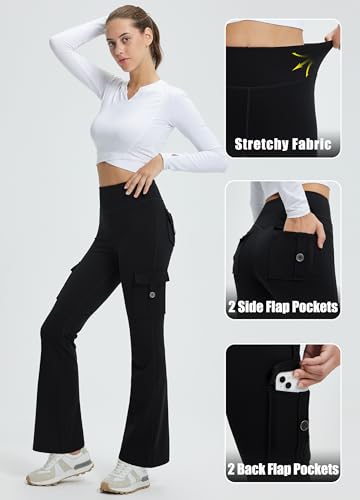 Libin Damen Thermo Flared Leggings 29' Wasserabweisend Winter gefütterte Thermohose Wanderhose Sporthose Schlaghose Yogahose Cargohose Bootcut Hose mit Taschen, Schwarz M