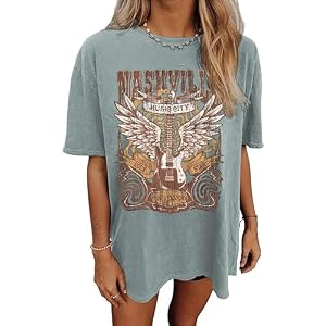 Oversized Rock Band T-Shirt Women Country Music Shirt Tops Nashville Music City Tshirt Vintage Guitar Wings Graphic Tees