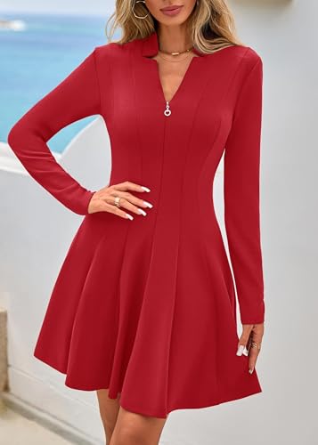 Lazysmile Fall Dresses for Women 2025 Long Sleeve V Neck Half Zip A Line Swing Casual Party Club Mini Short Dress Wine Red — view 4