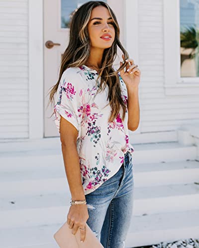 ANCAPELION Women’s Summer Chiffon Blouse Casual Short Sleeve V Neck Shirt Loose Printed Cuffed Sleeve Tunic Tops for Women3