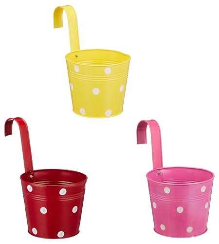 Image of Amazon Brand - Solimo Dotted Round Railing Planter for Balcony (Multicolor, Set of 3) | Dotted Railing Metal Pots for Balcony and Home Gardening, Indoor, Outdoor