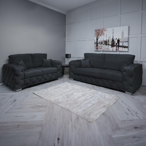 Ashton Chesterfield Corner Sofa L-Shaped Plush Velvet 2-3 Seater Sofa set, Arm chair – Deep Buttoned Armrests & Backrest with Sturdy Legs (Black Plush, 2+3 Seater)