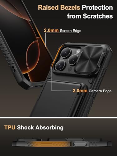 Image of Vihibii for iPhone 16 Pro Max Case with [2X Screen Protector], Built-in Card Holder (4 Cards), [RFID Blocking] & Slide Camera Cover & Tempered Glass Films, Rugged Wallet Case for 16 Pro Max, Black