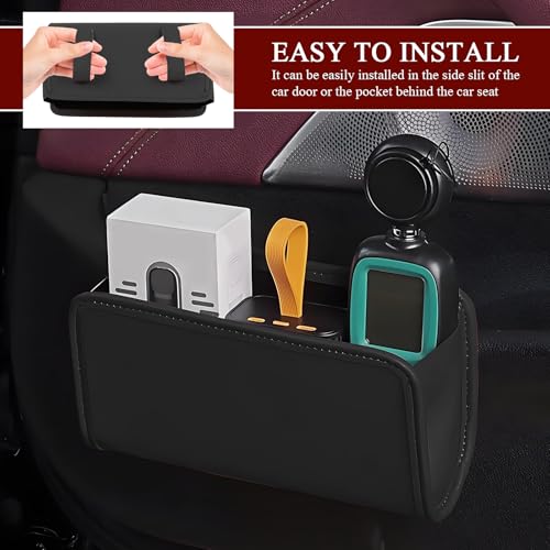 Image of Hovom Car Trash Can, Leather Waterproof Automotive Garbage Can with Trash Bag, Hanging Mini Vehicle Trash Bin, Small Auto Door Organizer Storage Pouch, Universal Car Accessories (Black)