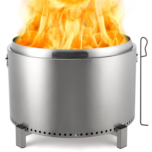 27in Outdoor Stainless Steel Smokeless Fire Pit, Low Smoke Outdoor Mini Fire, Outside Bonfire for Backyard, Camping, Picnics, with Firehook, Handle