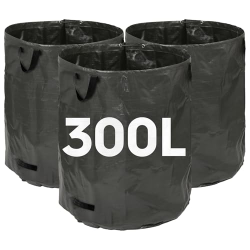 Harbour Housewares 300L Gartenabfallsäcke mit Griffen - Schwarz - 3X Groß Stark Wiederverwendbar Plastik Schwerlast Gartenarbeit Schutt Müll Gras Kompost Blatt Boden Unkraut Stecklinge Müllsäcke