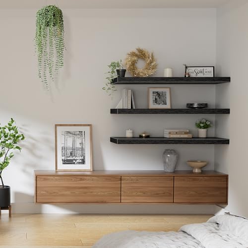 Image of QEEIG 12 inch Deep Floating Shelves for Wall - 12 x 36 inch Book Shelf Bathroom Bedroom Kitchen Living Room Hanging Bookshelf Farmhouse Set of 3, Black (026-90B3)