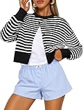 Trendy Queen Striped Cropped Cardigan Sweaters for Women Lightweight Crop Cotton Knit Y2k Fall Outfits Fashion Clothes 2025 Black White S