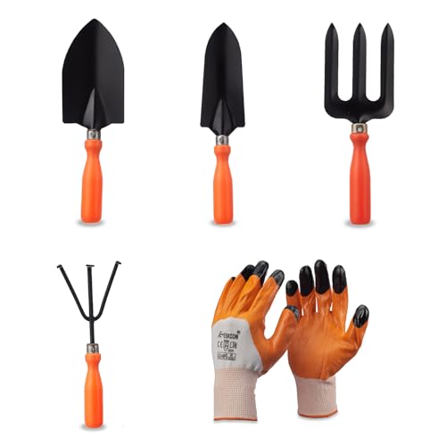 Amazon Brand - Solimo 6-Piece Gardening Tool Kit | Hand Cultivator, Hand Fork, Large & Small Trowels, Weeder, Garden Gloves | Gardening Tools Set for Home Gardens | Great for Gifting