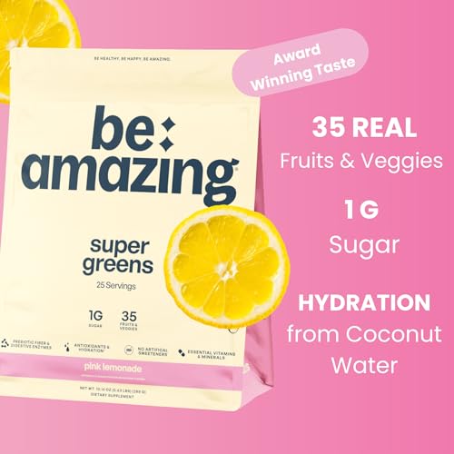 Image of BE AMAZING Super Greens Powder with Prebiotics, Digestive Enzymes & Antioxidants, 35 Fruits & Veggies, Electrolytes & Fiber, Vegan, Gluten Free Juice & Smoothie Mix, Pink Lemonade, 25 Servings