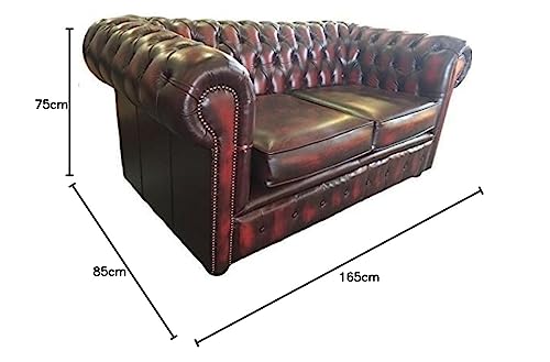 Chesterfield 2 Seater Sofa – Genuine Leather Antique Oxblood Red – Handcrafted UK Made Couch – Deep Buttoned Scroll Arms – Mahogany Wood Feet – Classic British Vintage Style