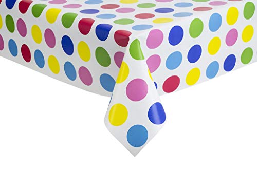 DESIGNERS247 Multi Polka Dots Splash Dotty Spots Children's Birthday Tablecloth Wipe Clean School Party Coloured PVC Vinyl Table Cloth Cover Protector Width 140cm, Green Blue Yellow Red Pink