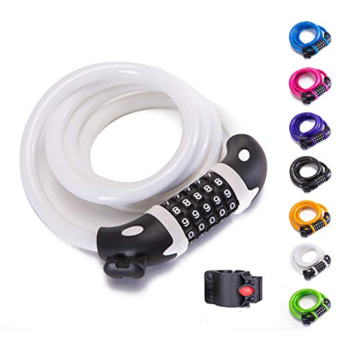 Bike Lock Bicycle Lock Chain ，5-Digit Combination Lock Core Steel Wire Bike Lock Security&Portable Bicycle Locks,1.1,m x 1/2 inch,400g(White)