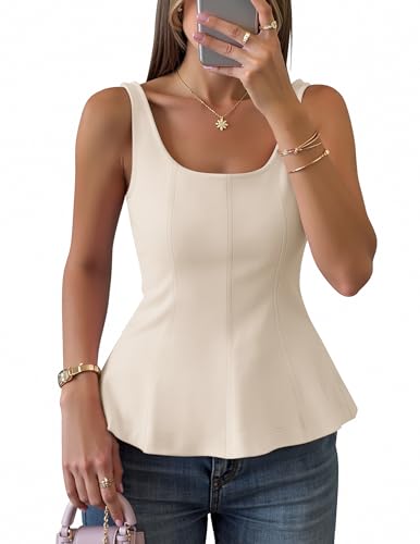 ZESICA Womens Summer Sleeveless Tops 2026 Square Neck Business Casual Tank Tops Slim Fitted Peplum Babydoll Blouses Apricot Medium
