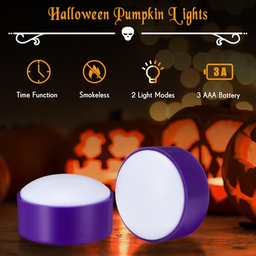 Image of Riakrum 6 Pieces Halloween Remote Timer LED Lights with Remote Summer Halloween LED Pumpkin Lights Battery Operated Lantern Bright Flameless Candle(Purple,Warm Light)