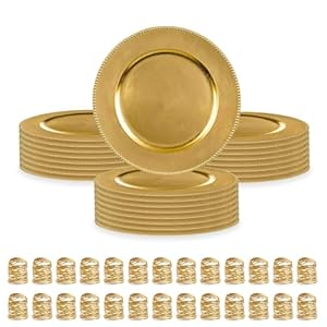 MYEventProducts 48 Pack | 13 inch Gold Charger Plates (24) with Napkin Rings (24) | Heavy Duty, Durable & Sturdy Plastic Chargers for Dinner Plates | Plastic plates for Wedding, Party Supplies