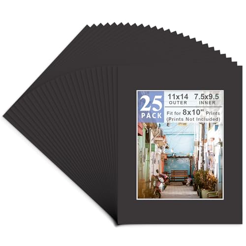 Golden State Art, Pack of 25, Acid-Free Black Pre-Cut 11x14 Picture Mat for 8x10 Photo with White Core Bevel Cut Frame Mattes