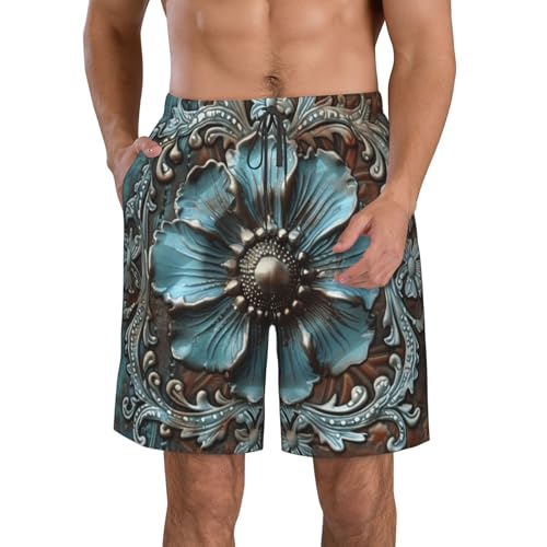 Men's Quick Dry Swim Shorts Metal Floral Rustic Western Ornate Vintage Beach Trunks with Pockets