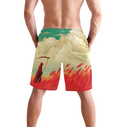 Men's Swim Trunks Grim Reaper Red Print, Quick Dry Beach Board Shorts with Lining-S2