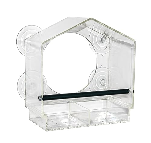 Fenster Futterhäuschen für Vögel - 20 x 18 cm - Transparentes Vogelhäuschen mit Saugnäpfen und Sitzstange - Vogel Futterstation Futterhaus Futterstelle Futterspender zum Befestigen an Glasscheiben