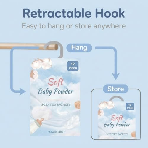 Image of 12 Packs Baby Powder Hanging Scented Sachets for Drawers and Closets with Retractable Hook| Long-Lasting Closet Air Freshener & Closet Deodorizer | Closet Scent Freshener